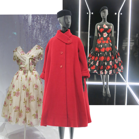 1950s-Dior-Ulysse-coat-Aladin-dress-and-floral-dress-Christian-Dior-Designer-of-Dreams-exhibition-at-V&A