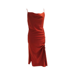 Preowned Zara Rust Red Bias Cut Satin Side-Ruched Slip Dress