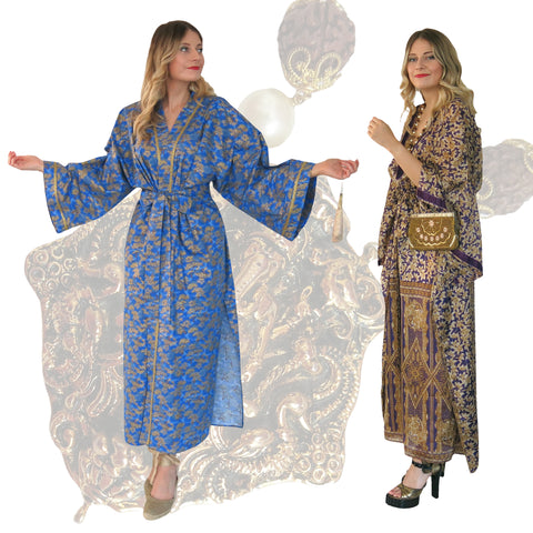 Azure blue/gold kimono gown and recycled sari gold/aubergine kaftan