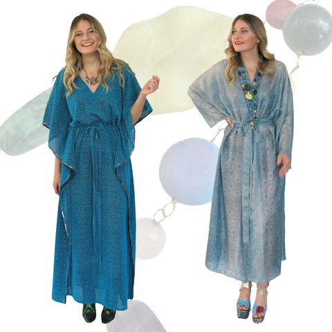 Mystique kaftan with sequin trim and recycled silk, powder blue Nirvana gown