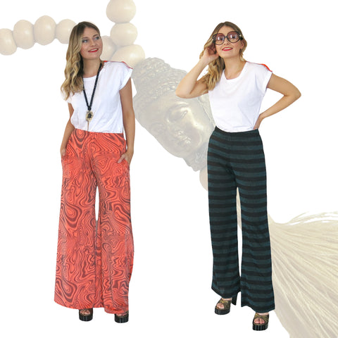 Nimbus palazzo pants and gently flared Aureola trousers, both with Euphoria t-shirt