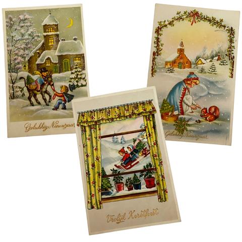 Vintage Christmas postcards of children playing in the snow