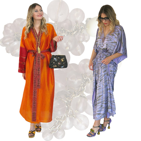 Recycled Indian silk kimono gown and lilac swirl lotus kaftan