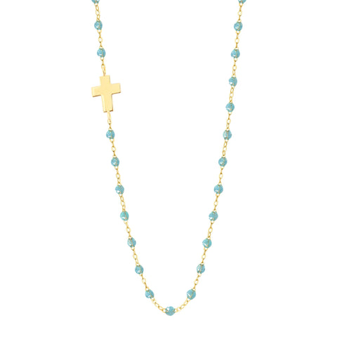 Cross Charm Classic Gigi Baby Blue necklace, Yellow Gold, 16.5 