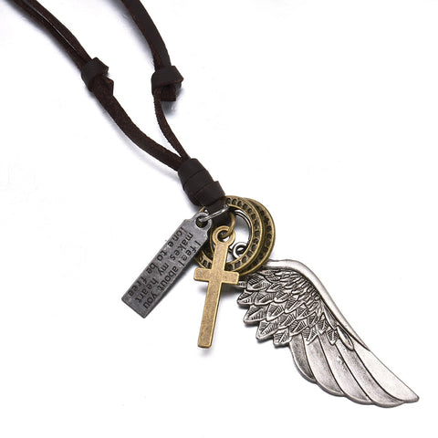 Feather Angel Wings Necklace &amp; Pendants Vintage Brown Leather Neckless for Women Men Jewelry Boys Necklace Statement Necklace