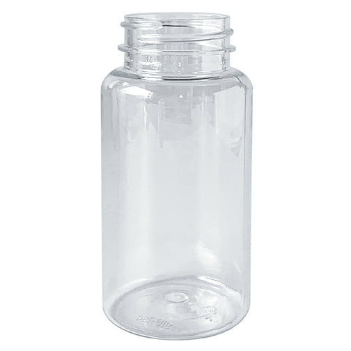 Clear Plastic Wide Mouth Packer Bottle with Black Ribbed Lid - 5 oz / 150 ml