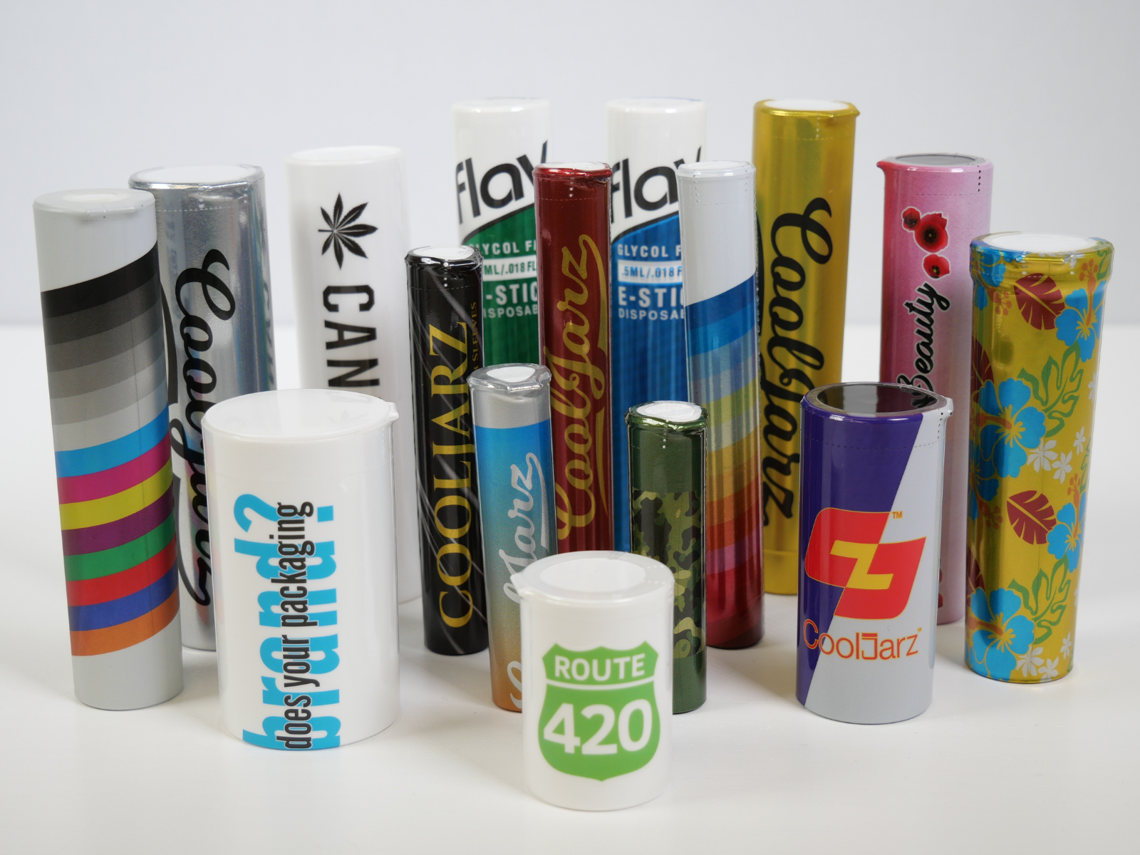 pre roll tubes and flower containers with branded labels