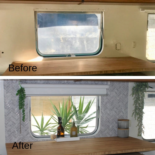 Before and after of caravan splashback from plain to grey marble chevron peel & stick tiles