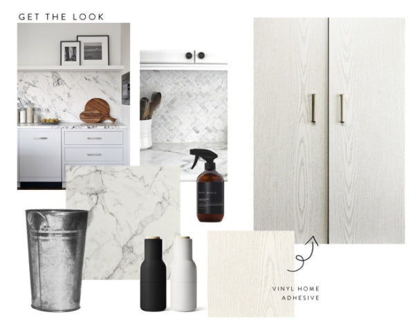 mood board of pearlwood white and marble grey kitchen