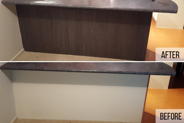 Kitchen island panel before and after wrapped in Sheffield Oak Umbra vinyl