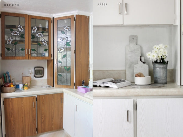 before and after photo of kitchen wrapped in pearlwood white vinyl