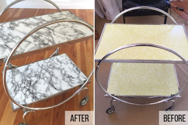 bar trolley in marble vinyl before and after photo