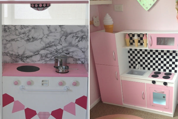 upcycled play kitchen in pink and marble sticky back vinyl