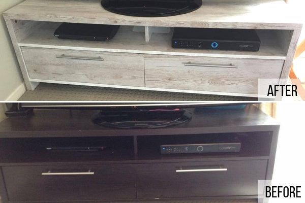 TV unit in whitewashed wood grain vinyl before and after