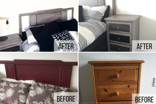bedroom furniture wrapped in grey wood grain vinyl