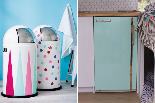 vinyl wrapped fridge in mint and rubbish bins with decals