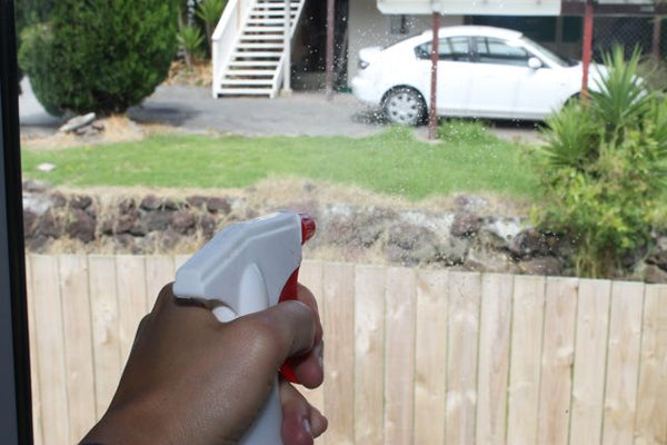 hand holding spray bottle towards window overlooking neighbours