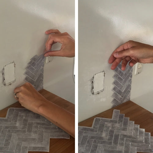 Positioning of first peel and stick tile on a caravan backsplash