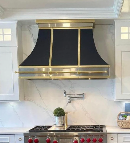 Curved Stainless Steel Custom Range Hoods with Brass Accents-Rick