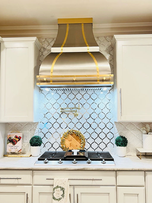 Scalloped Black Stainless Steel Custom Range Hood with Brass Trim SH32R