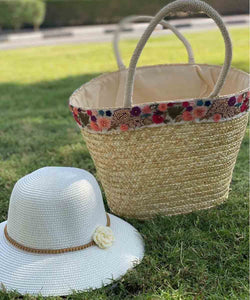 Peach Floral Ribbon Basket Bag and Straw Hat