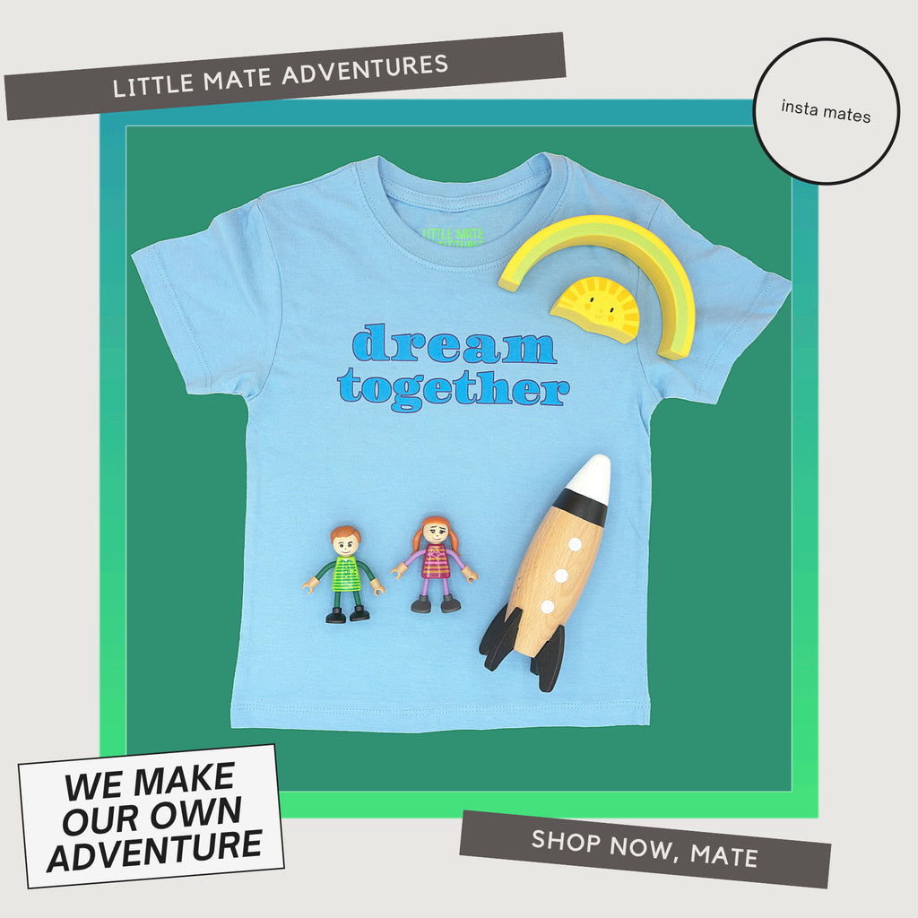 dream together blue text on a toddler and youth size sky blue tshirt