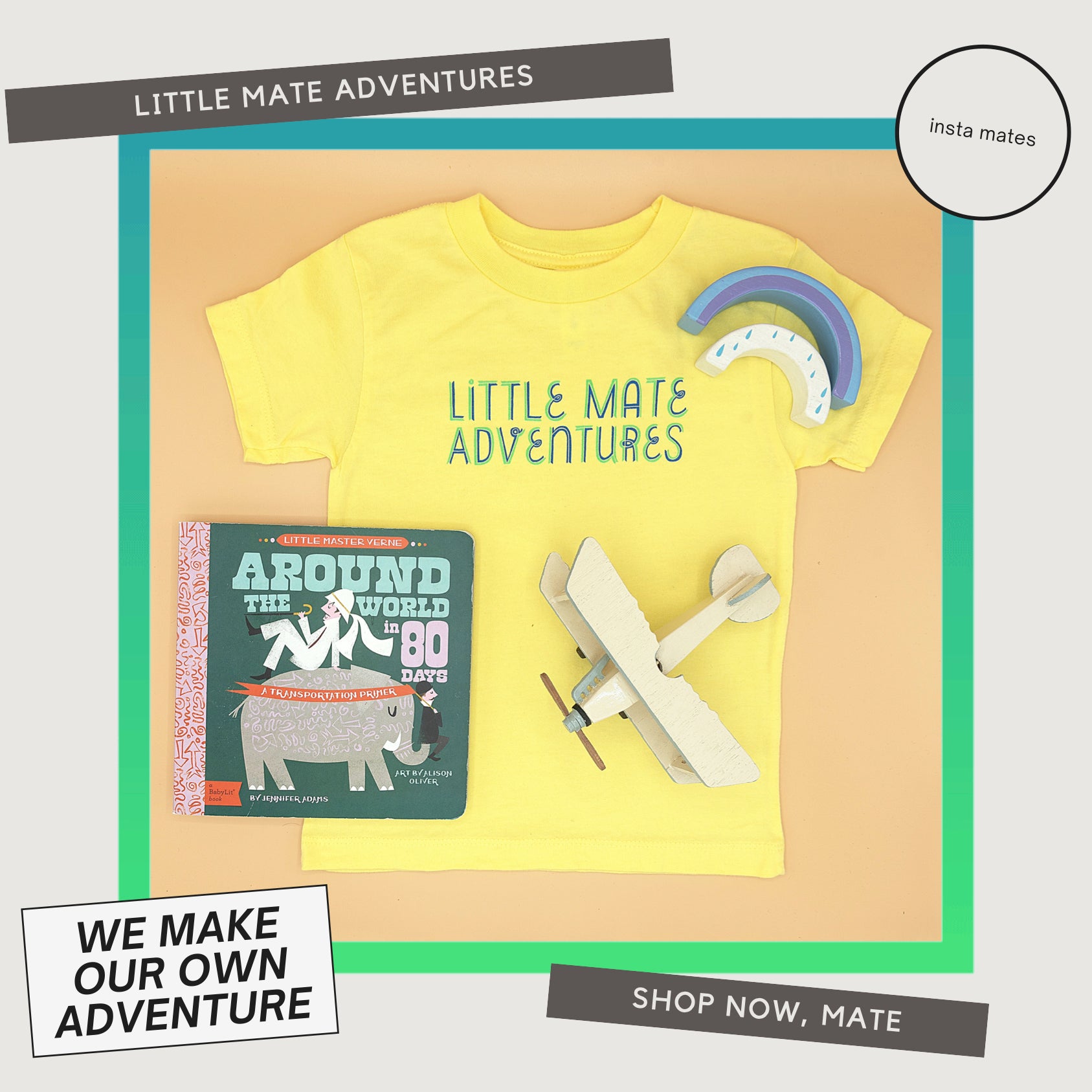 Little mate adventures logo t-shirt in bright yellow, available in baby, toddler, and youth sizing