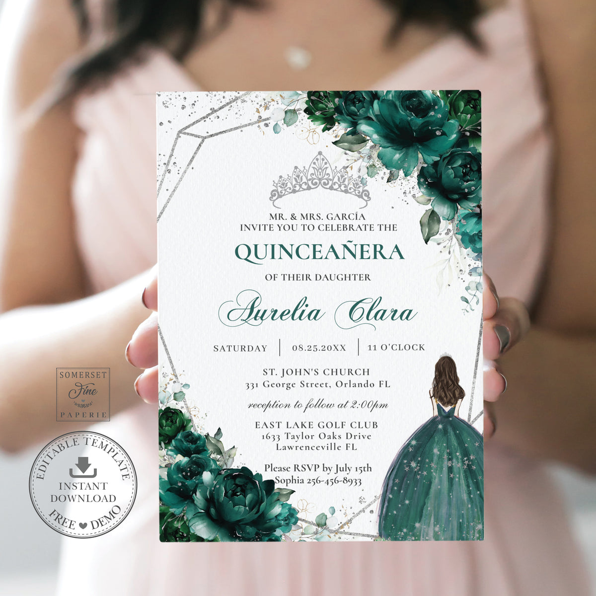 Chic Emerald Green Floral Silver Princess Tiara Quinceañera Invitation –  Lollipop Party Supplies and Design Studio