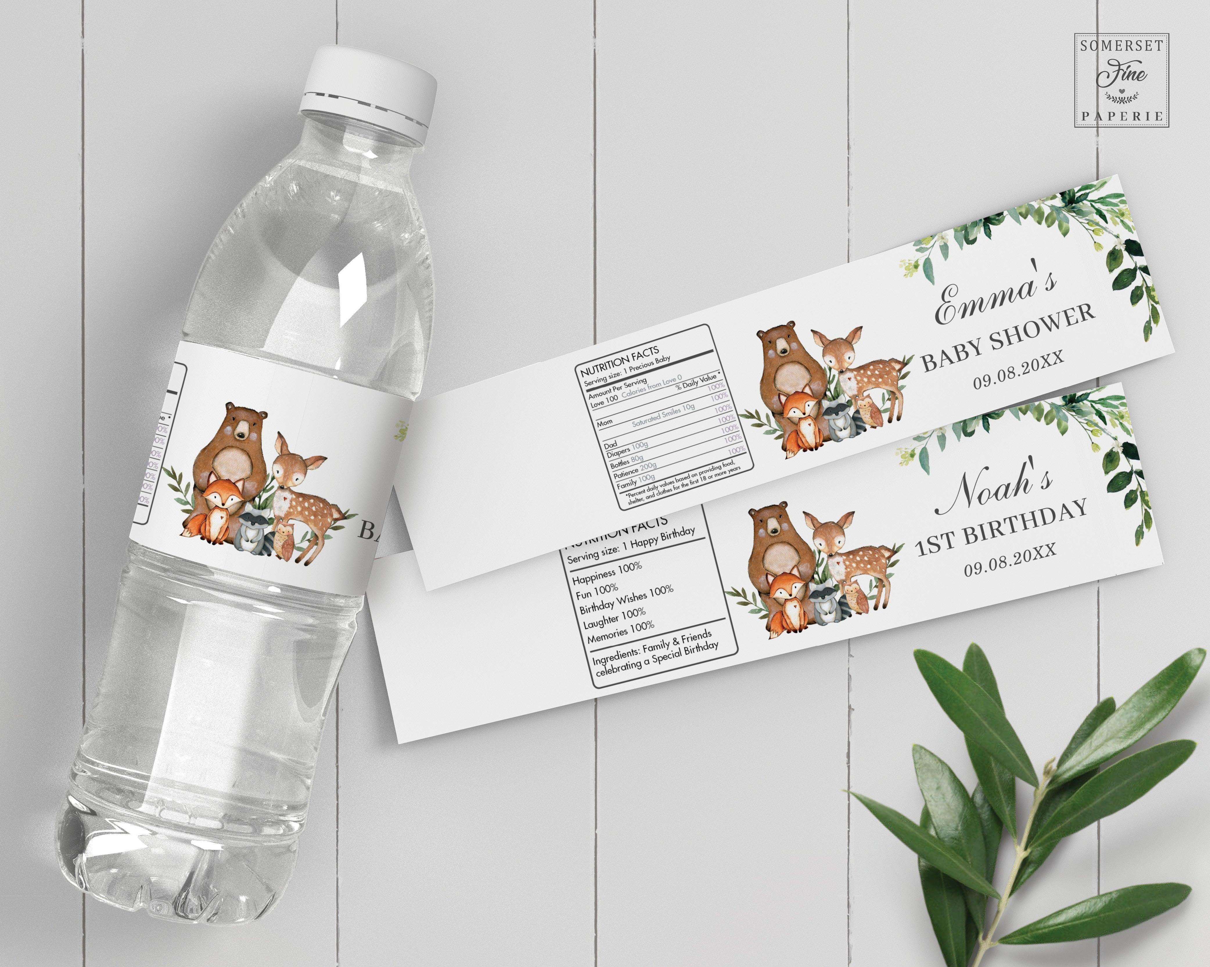 Rustic Greenery Woodland Animals Birthday Baby Shower Water Bottle Inside Baby Shower Water Bottle Labels Template