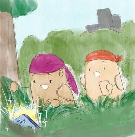 Potato Pirates comic playing geocaching on summer holiday