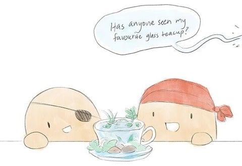 Potato Pirates funny comic indoor planting with Mom's favorite glass teacup