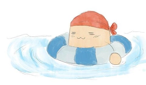 Potato pirate comic chilling in the pool on summer