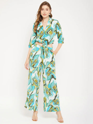 Printed And Collar Top With Wide Leg Pant