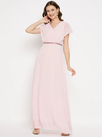 MADAME Embellished Waist Pink Maxi Dress