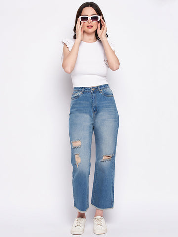 MADAME Ripped Mi-Rise Double Wash Flared Jeans