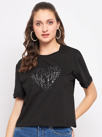 Madame Typography Solid Black Top