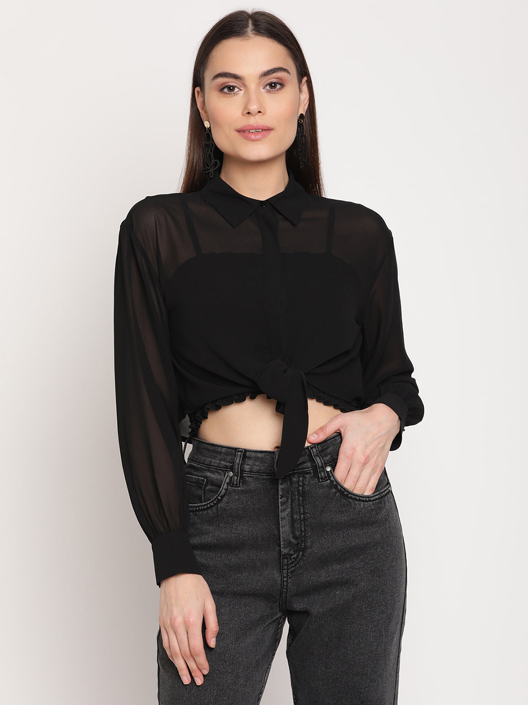 Madame Black Crop Sheer Shirt – Glamly