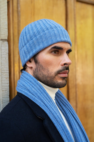 Blue Cashmere Scarf & Cashmere beanie - Leather Gloves Online