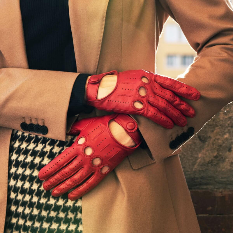 red leather driving gloves