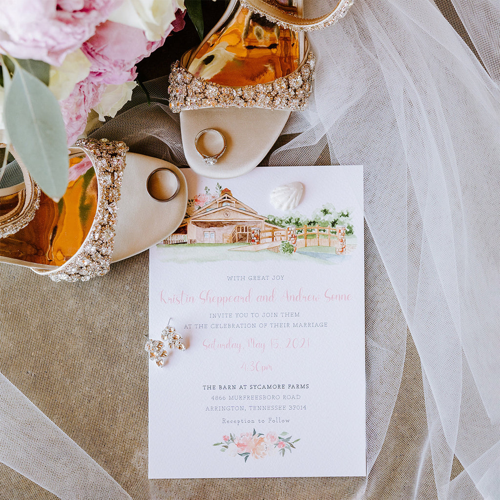 Barn wedding venue invitation with venue illustration