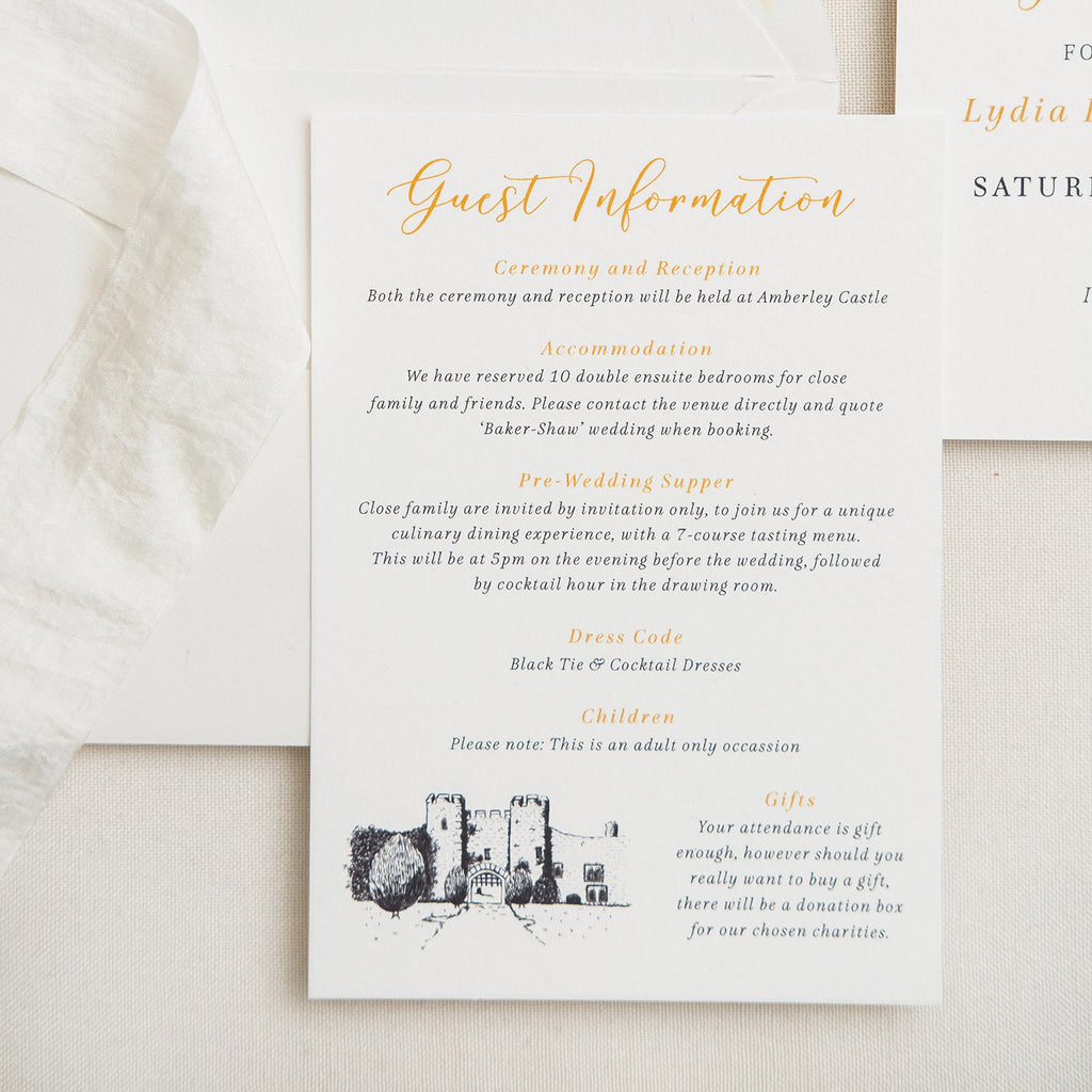 wedding guest information card with venue sketch