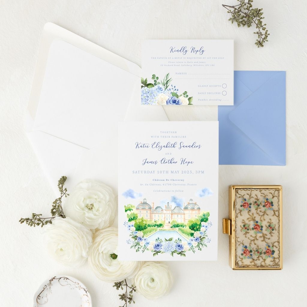 dusty blue hydrangea flowers wedding invitation set