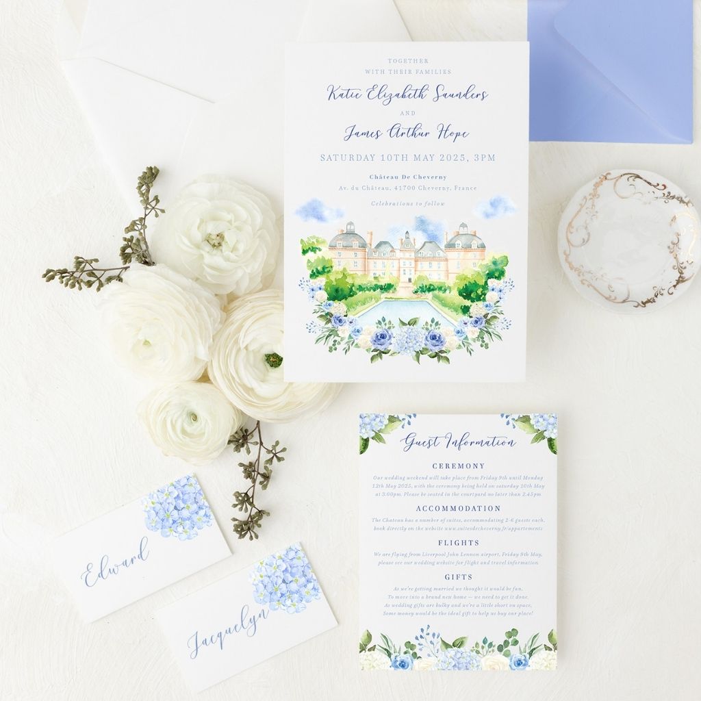 dusty blue wedding stationery set with custom watercolour venue illustration