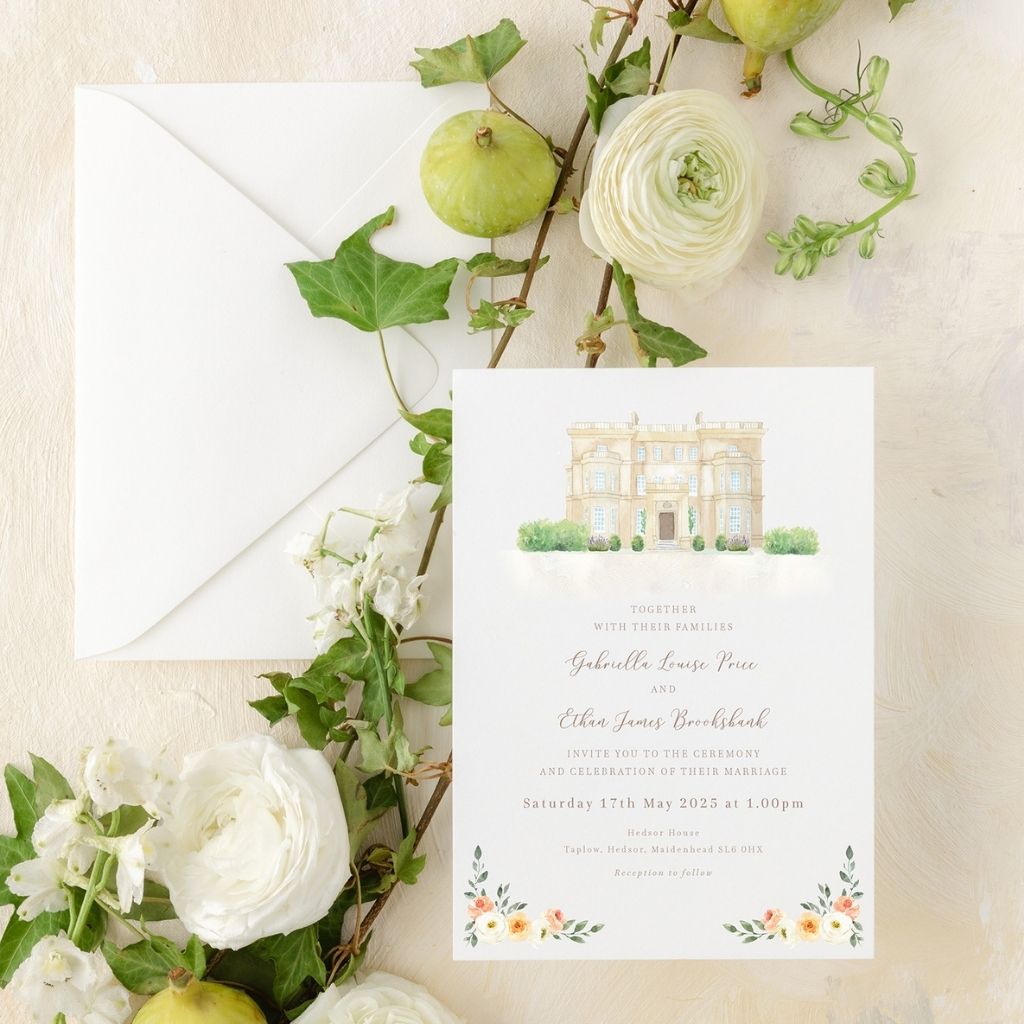 peach and cream wedding invitation set with custom watercolour venue illustration