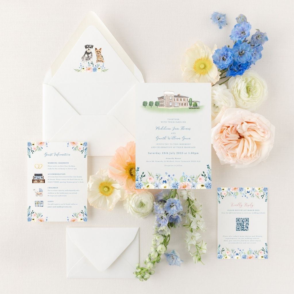 blue wildflower wedding invitation set with custom venue illustration and pet portrait envelope liner