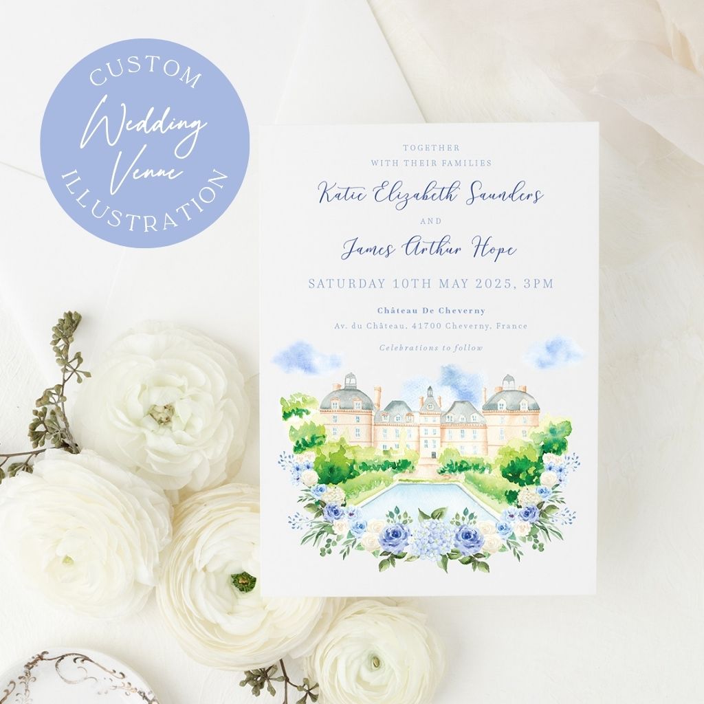 dusty blue hydrangea flower wedding invitation set with custom watercolour venue illustration