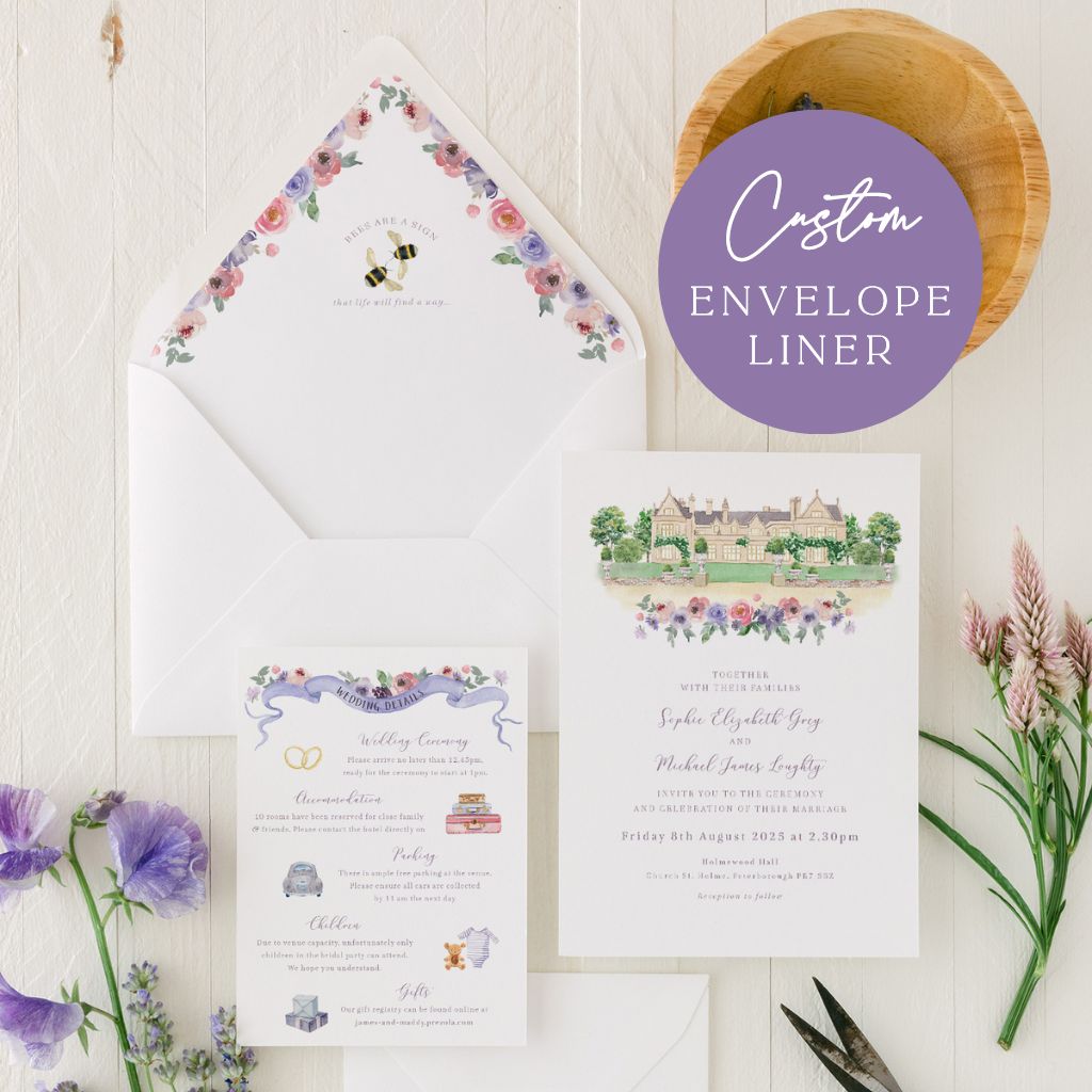 lavender purple wedding invitation set with custom envelope liner
