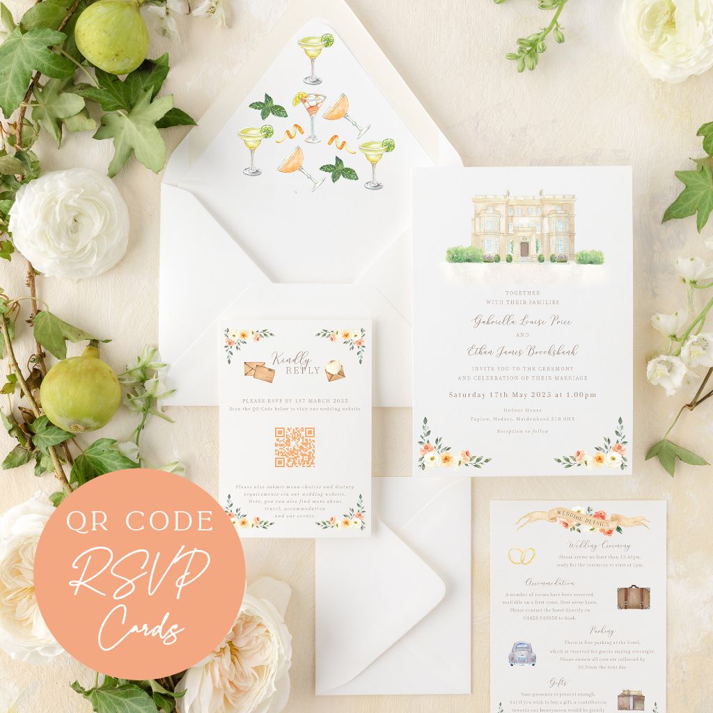 peach and cream wedding stationery set with QR code RSVP cards