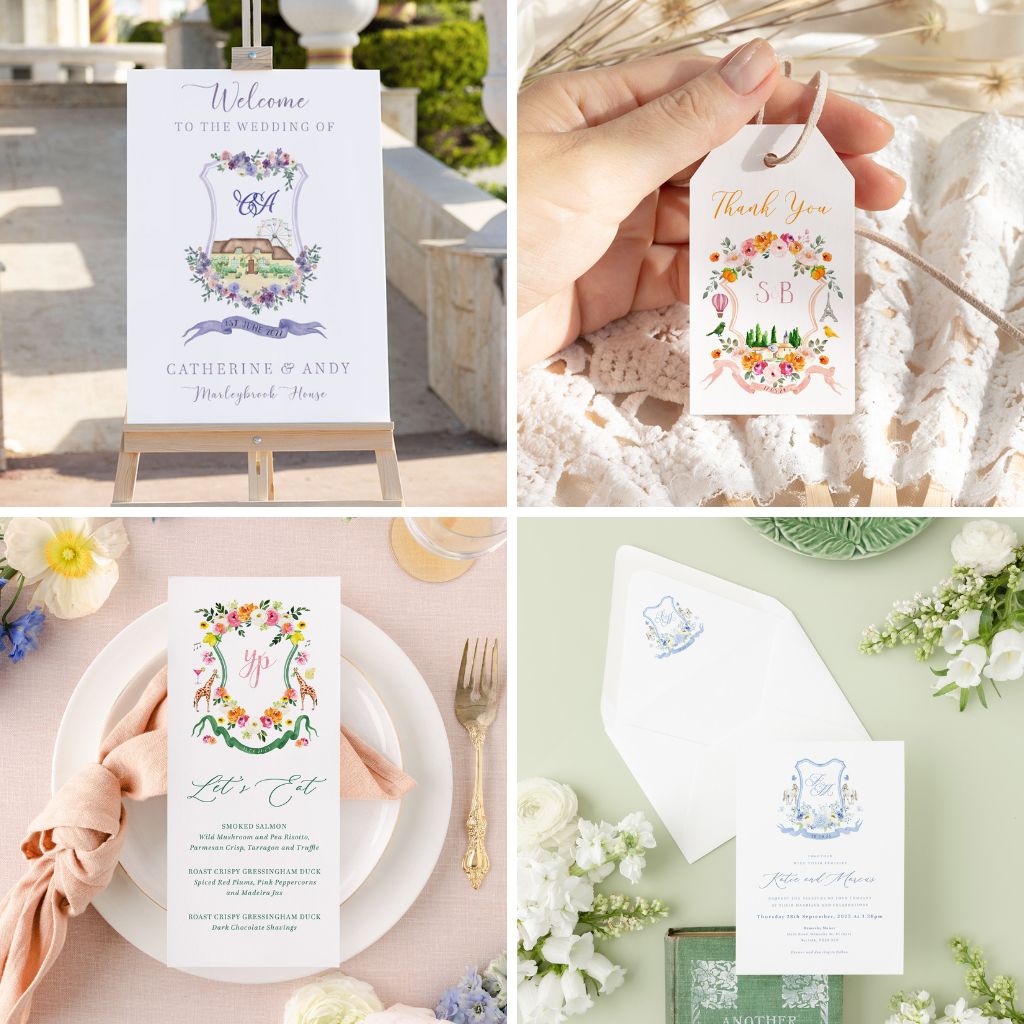 collage of ways to use a custom wedding crest, a wedding sign, wedding menu, wedding invitation and wedding favour tag