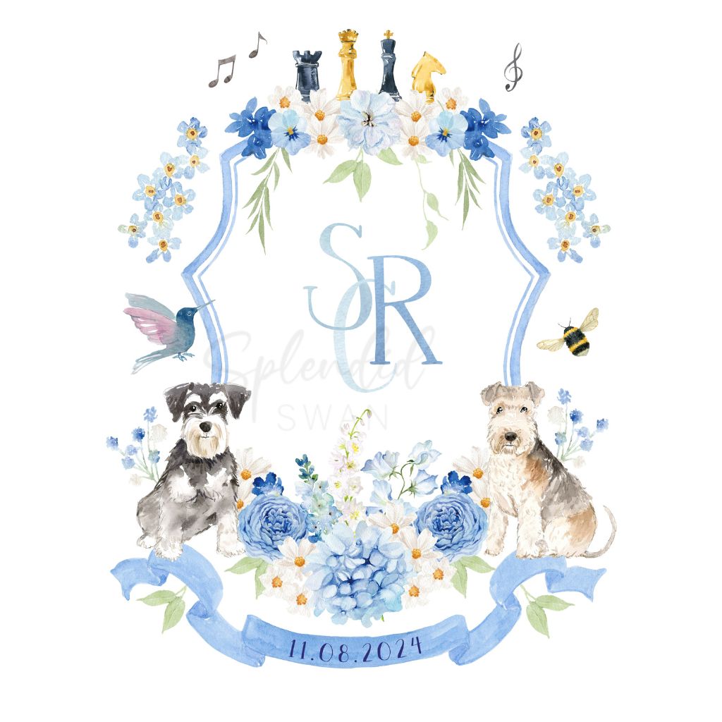 Blue custom wedding crest with dog watercolour illustrations